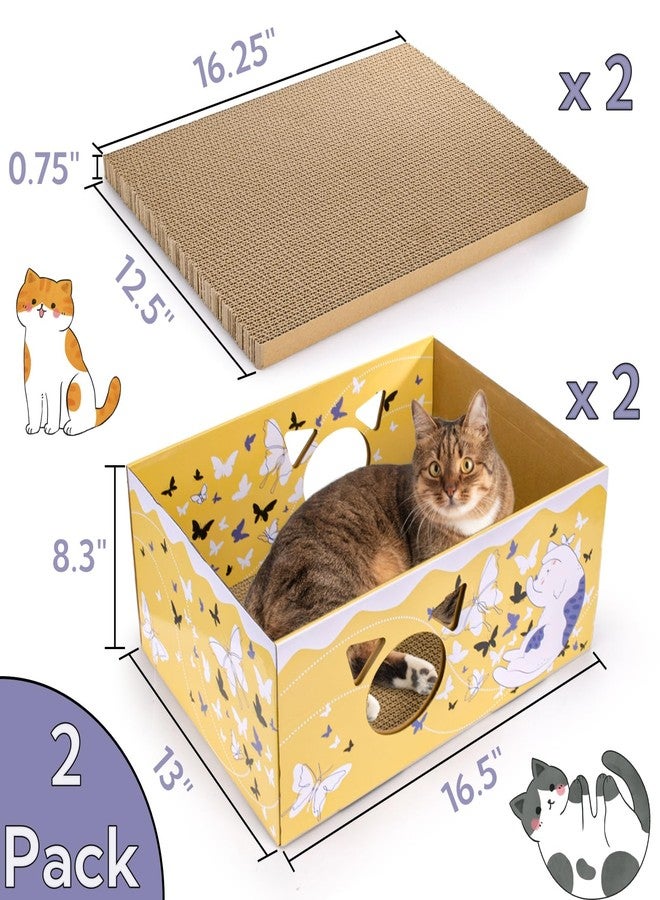 Tlence 2 Pack Cardboard Cat Scratcher Boxes, 16.5 Inch Heavy Duty Cat Scratching Bed, Large Kitten Lounger with Double-Sided Scratch Pad, Hideaway House with Interactive Hole for Indoor Cats - Image 2
